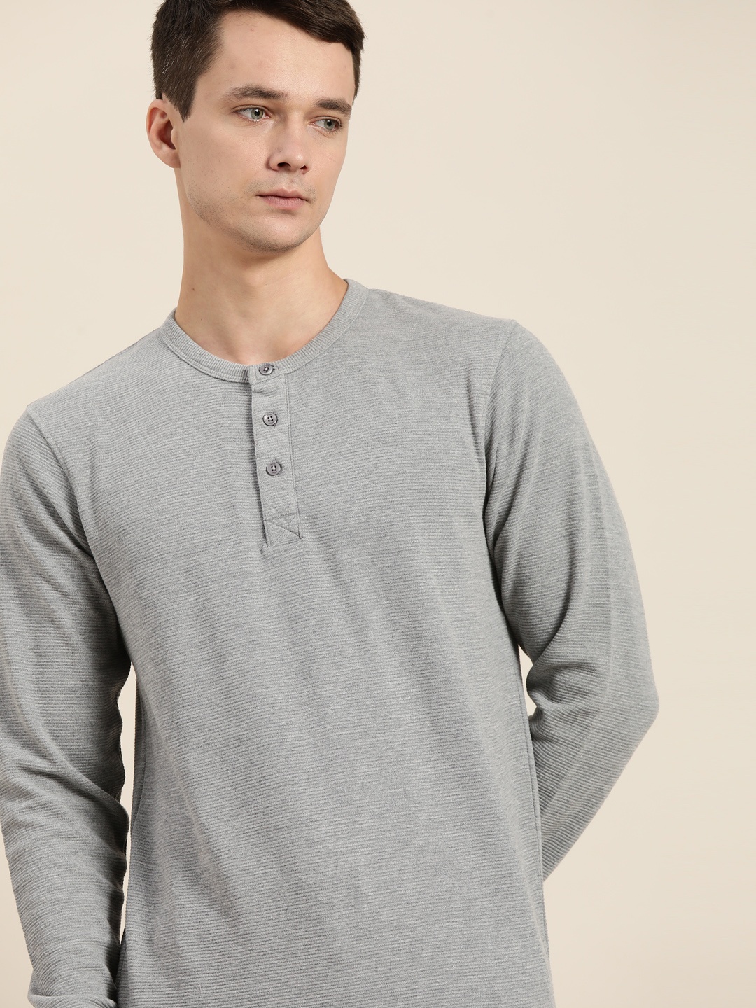 

ether Men Grey Melange Self Striped Pullover Sweatshirt