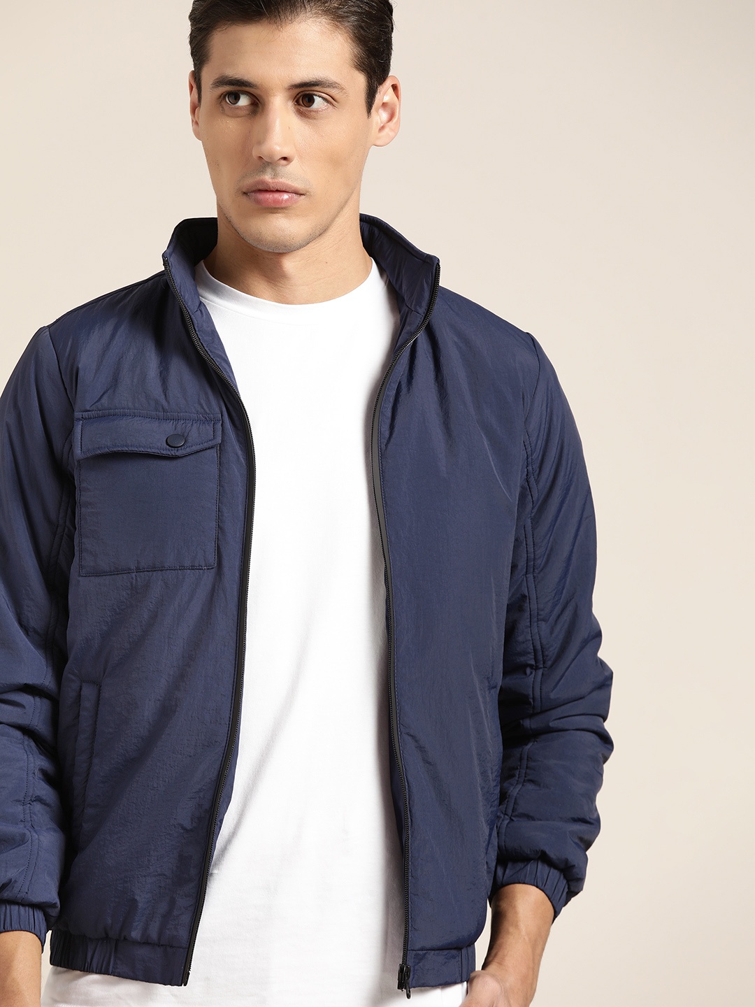 

ether Men Navy Blue Solid Foldable Hood Tailored Jacket