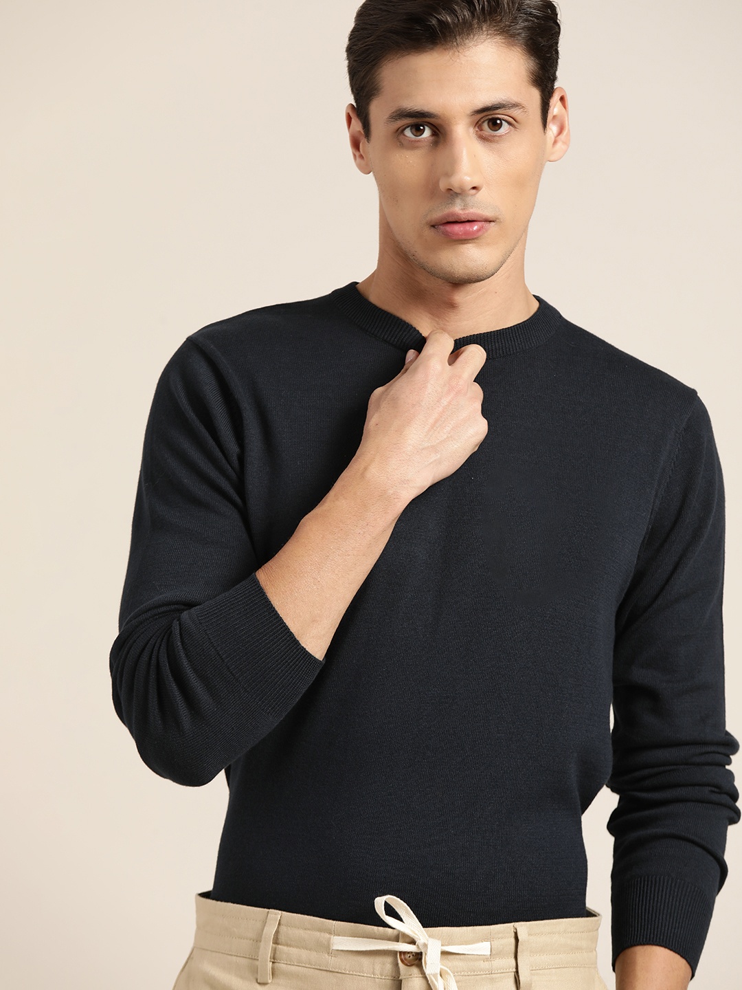

ether Men Navy Blue Pure Cotton Solid Pullover