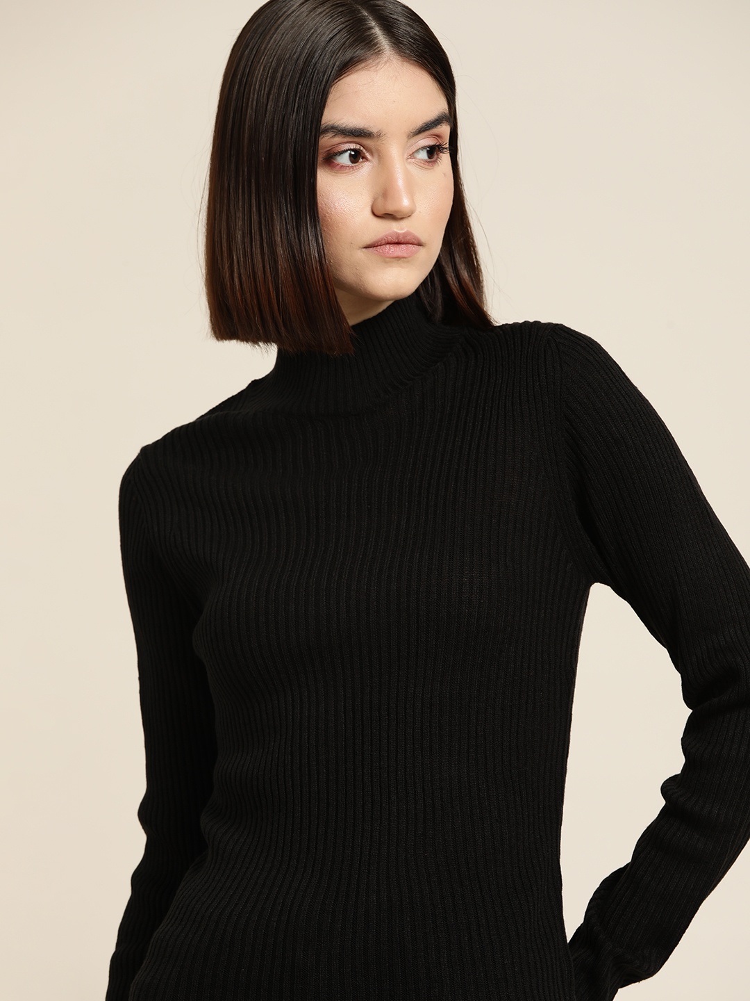 

ether Women Solid Black Turtle Neck Pullover