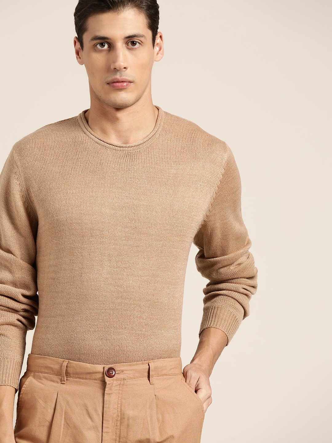 

ether Men Beige Solid Pullover