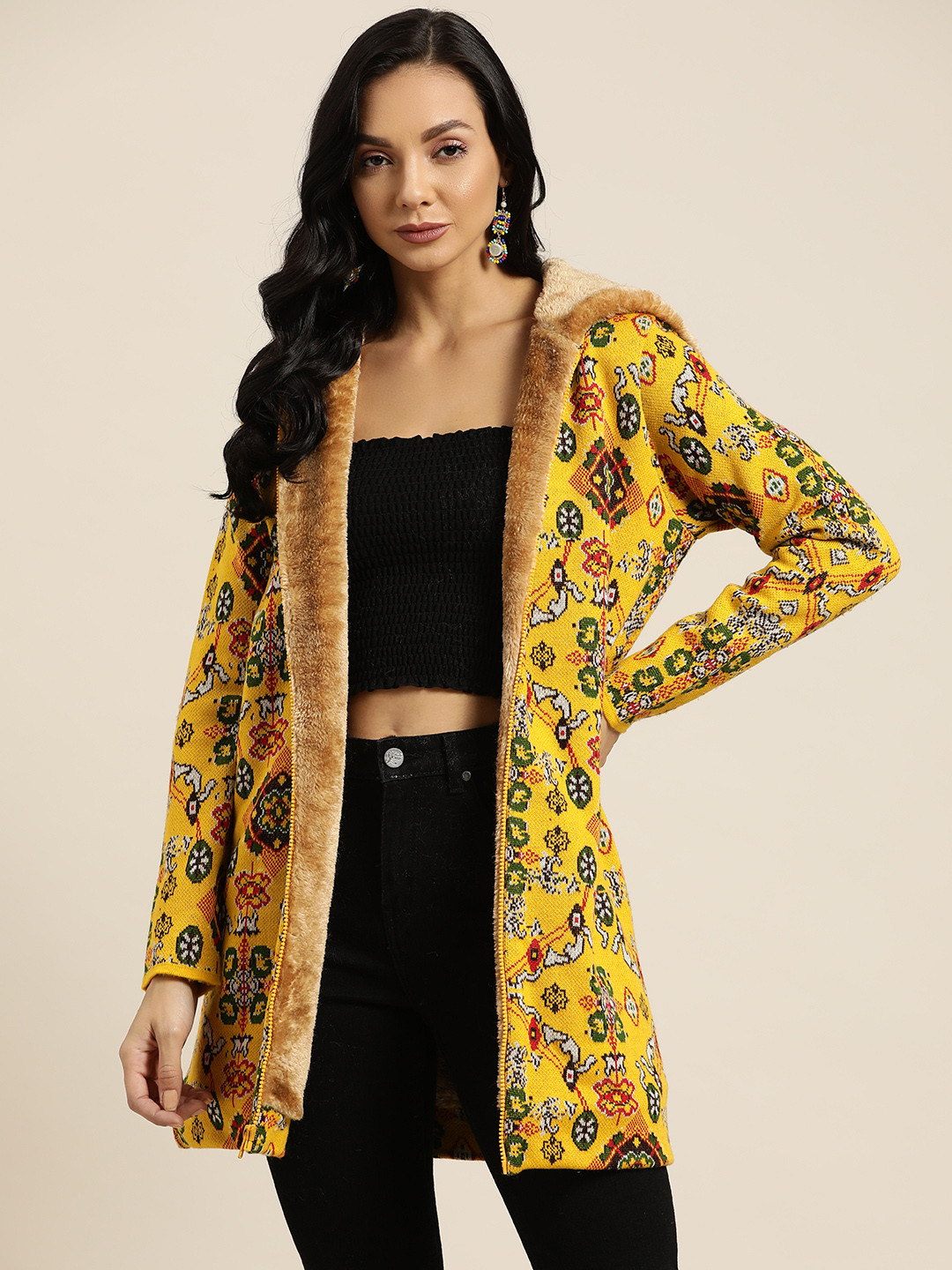 

Sangria Women Mustard Yellow & Green Acrylic Longline Hooded Tailored Jacket