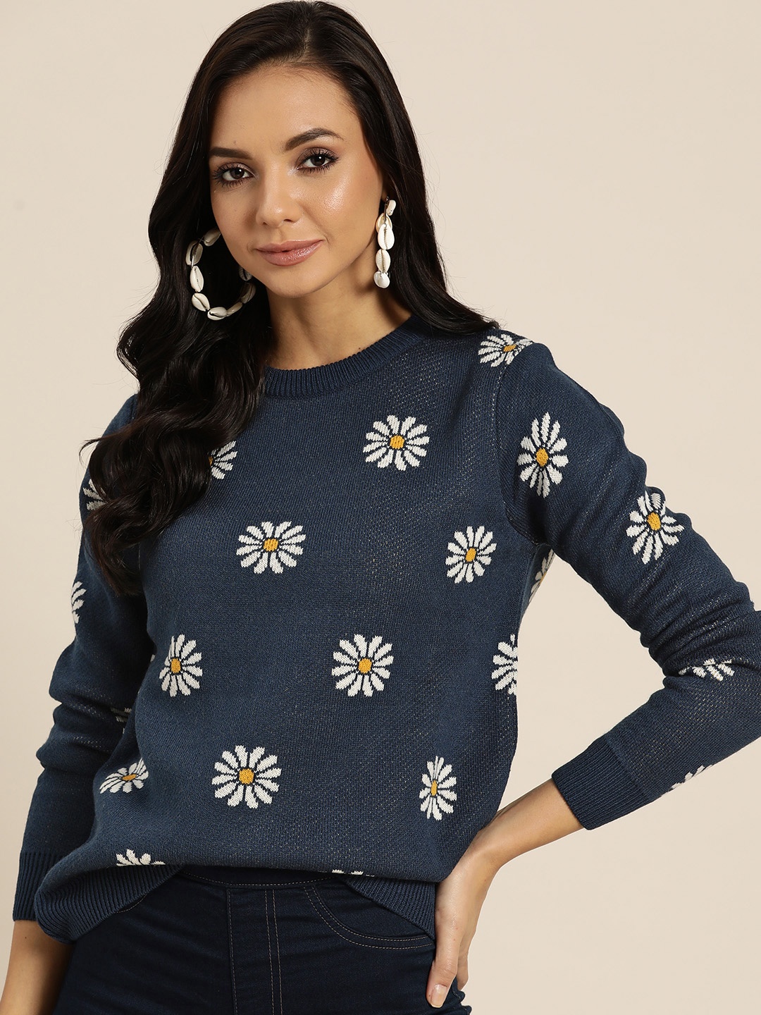 

Sangria Women Navy Blue & White Floral Pullover Sweater