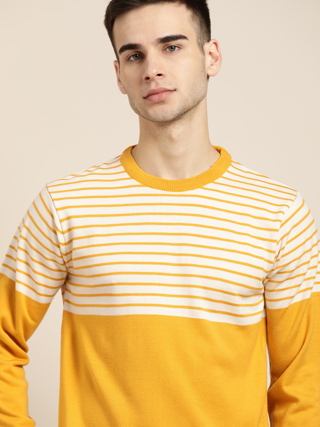 

ether Men Mustard Yellow & Off-White Striped Pullover Sweater