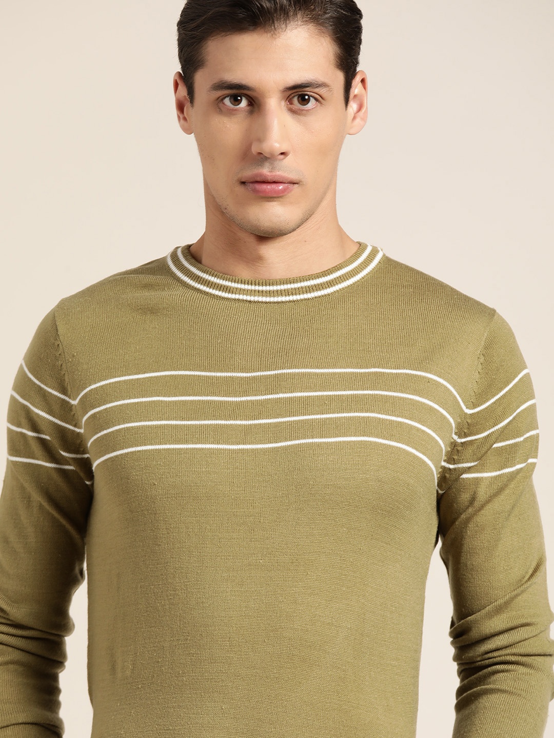 

ether Men Olive Green & Off White Striped Pullover