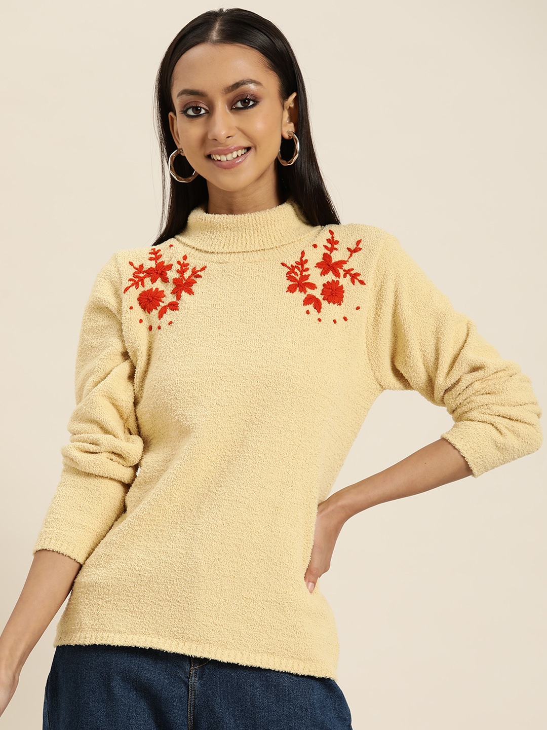 

Sangria Women Yellow & Rust Orange Floral Embroidered Turtle Neck Pullover