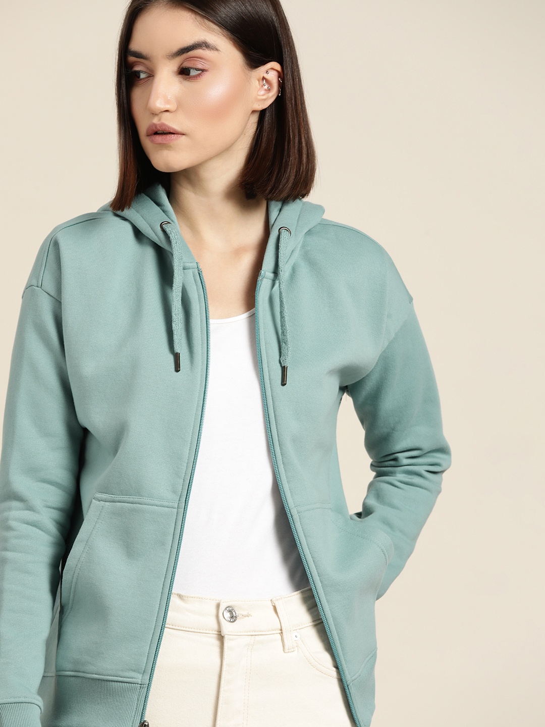 

ether Women Sea Green Solid Hooded Sweatshirt