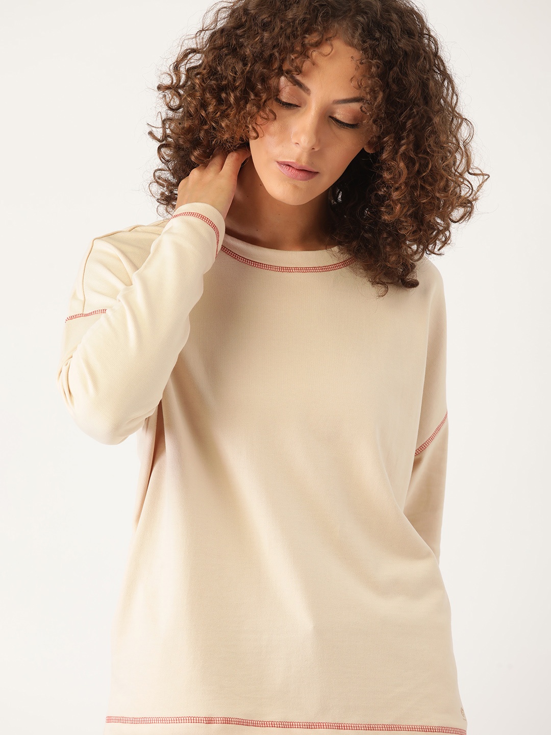 

ether Women Cream-Coloured Solid Sweatshirt