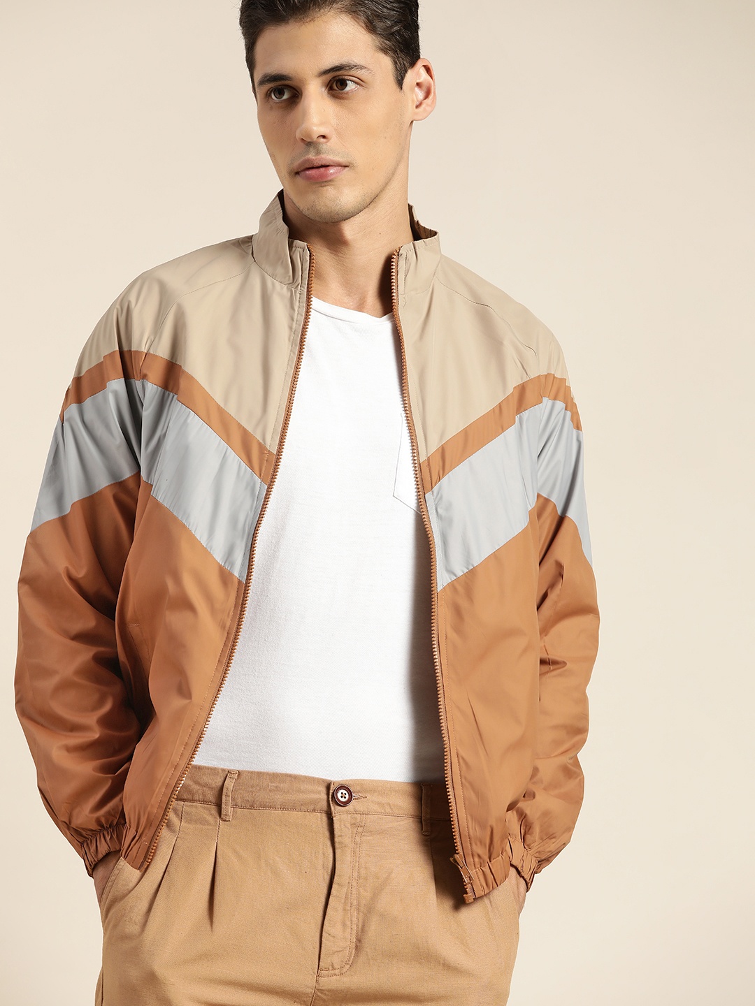 

ether Men Brown & Blue Colourblocked Bomber Jacket