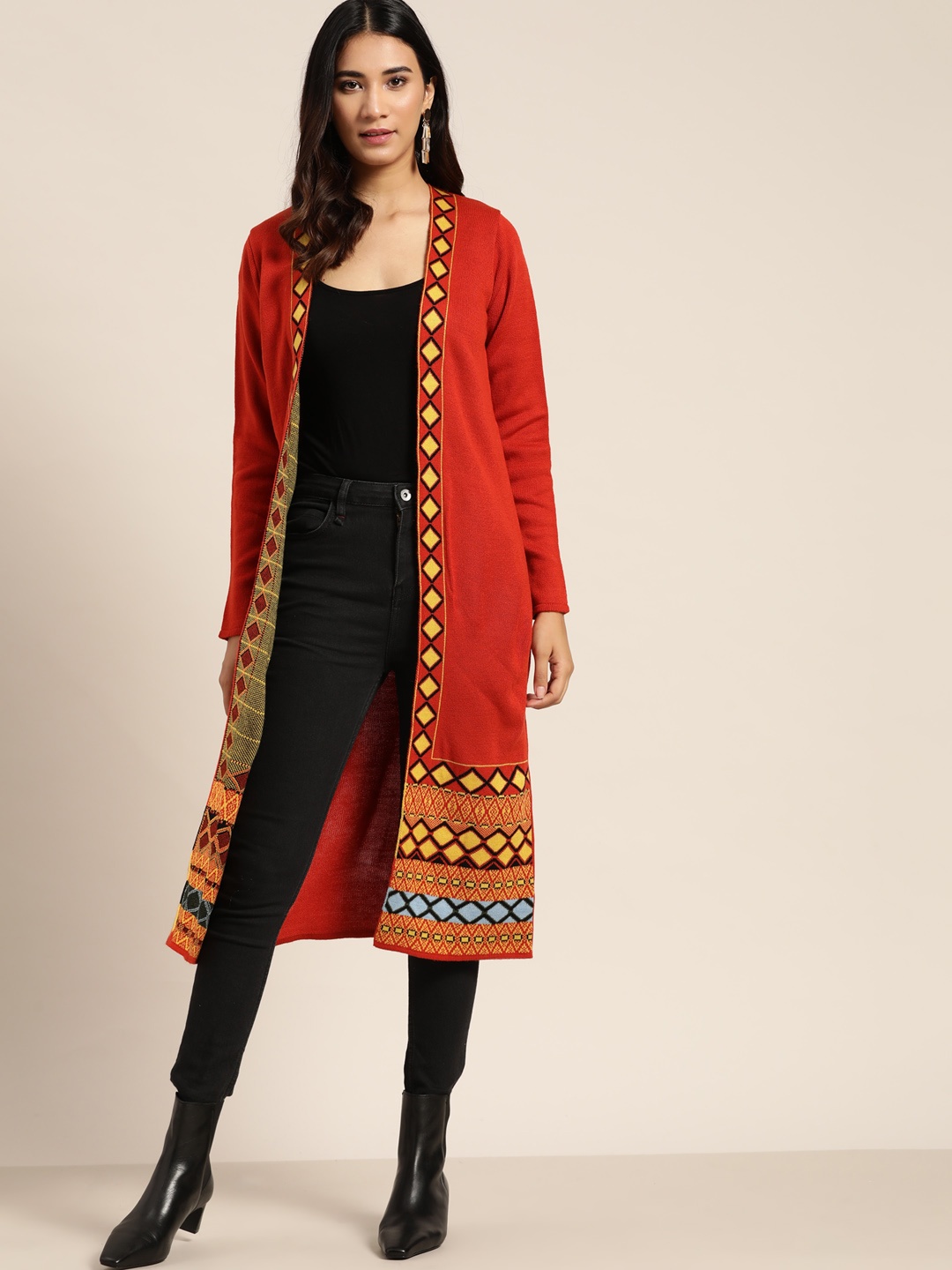 

Sangria Women Orange Solid Longline Front-Open Cardigan