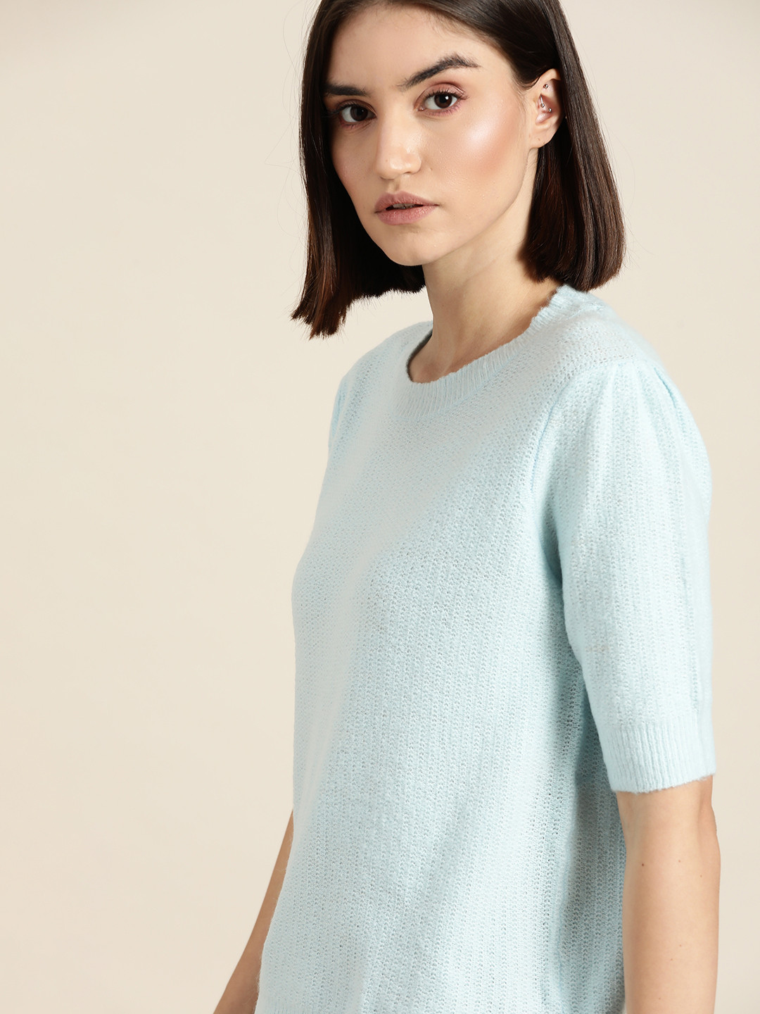 

ether Women Blue Solid Short Sleeves Pullover