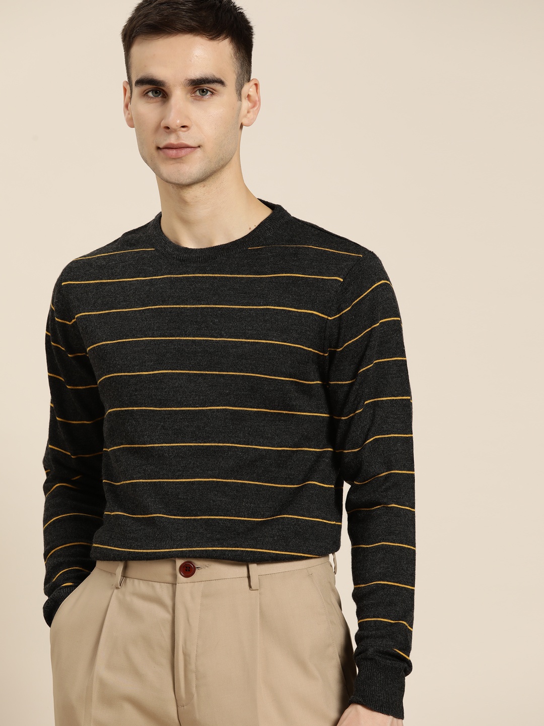 

ether Men Charcoal Grey & Yellow Striped Pullover