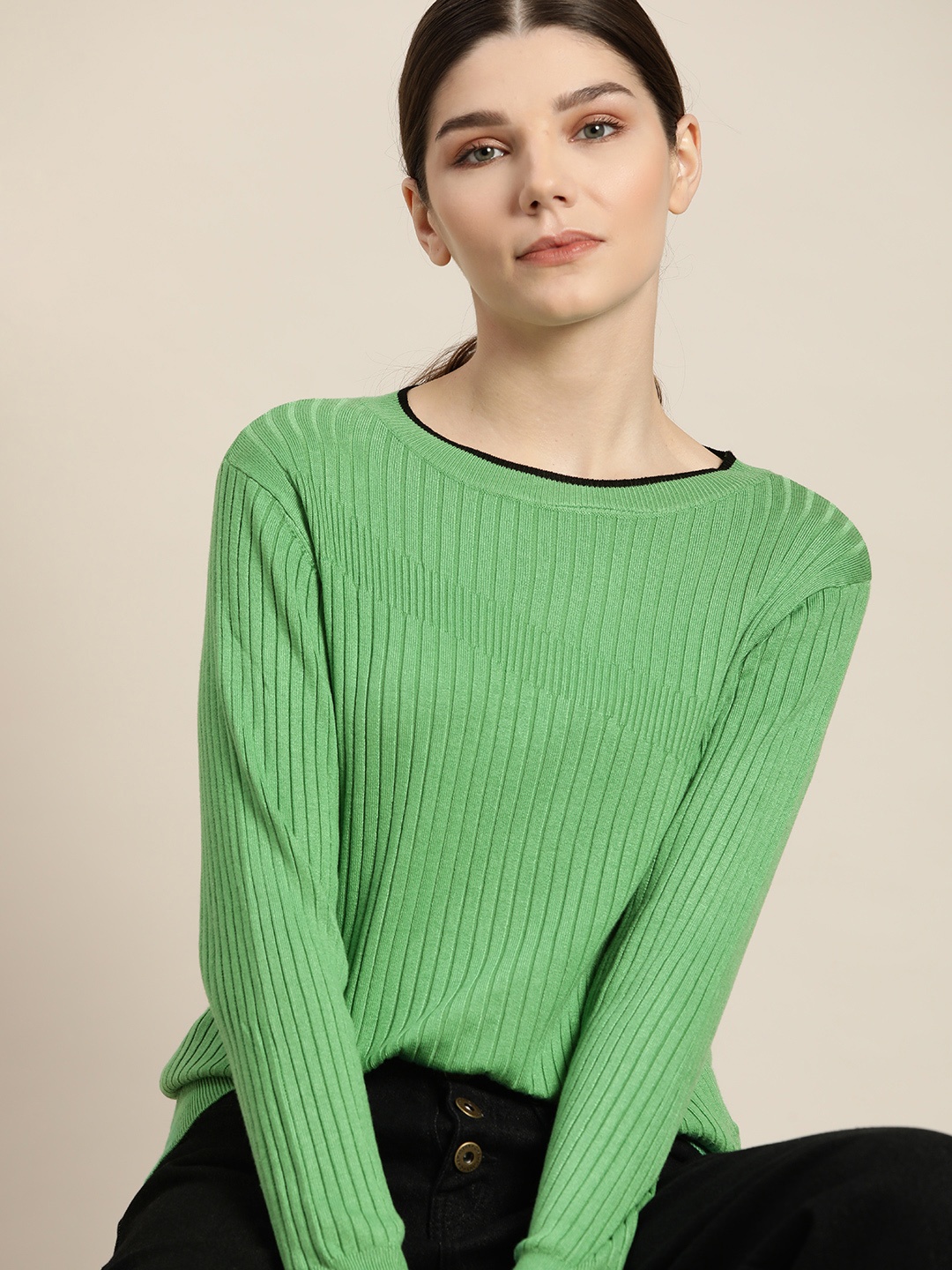 

ether Women Green Self-Striped Pullover