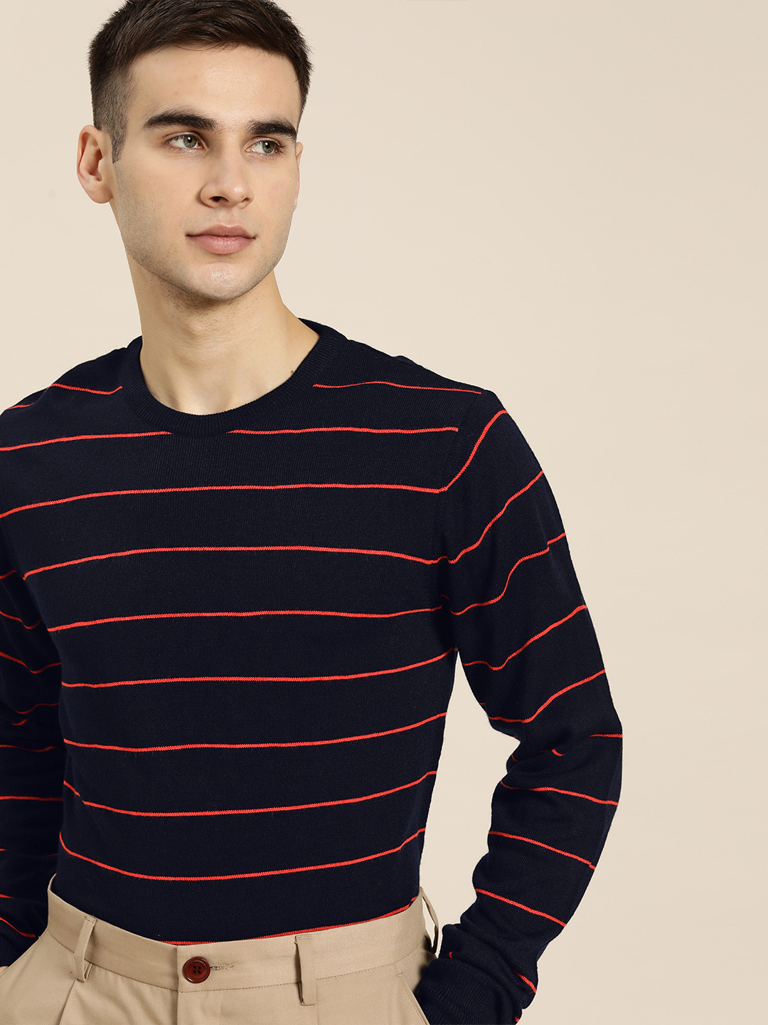 

ether Men Navy Blue & Red Striped Pullover