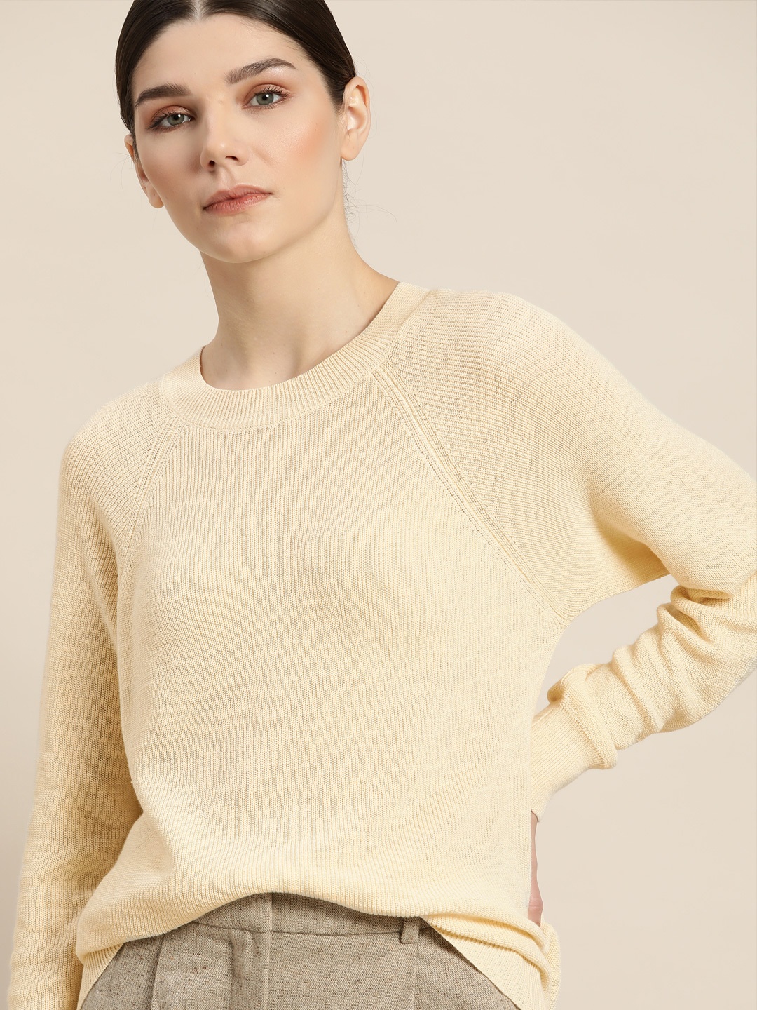 

ether Women Cream-Coloured Pure Cotton Solid Pullover