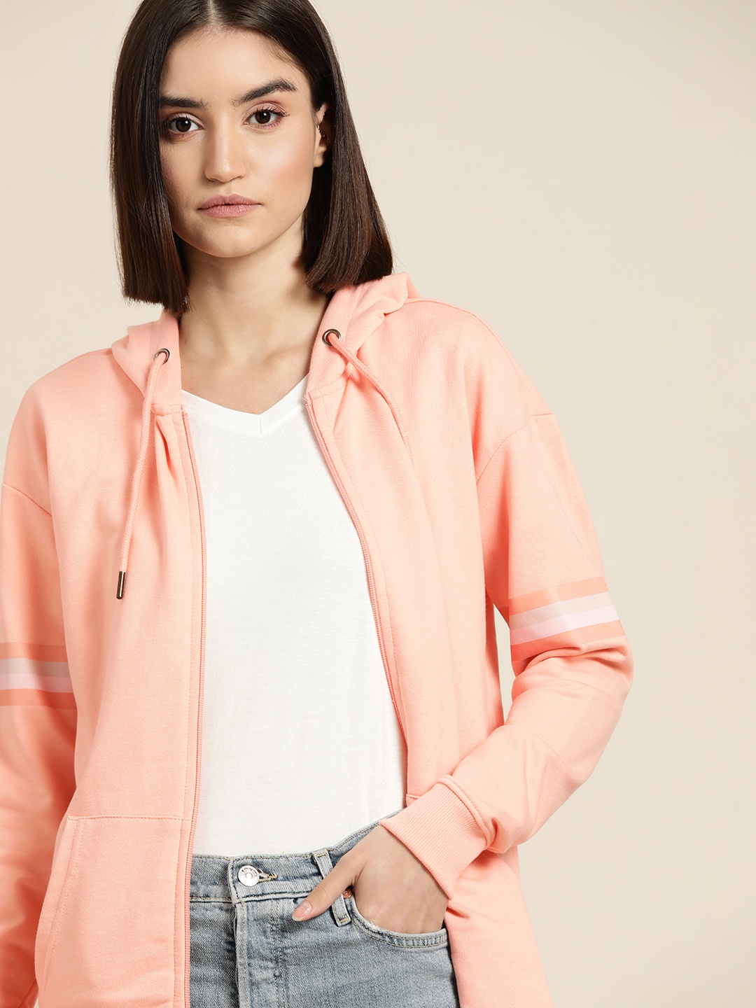 

ether Women Peach-Coloured Solid Hooded Sweatshirt