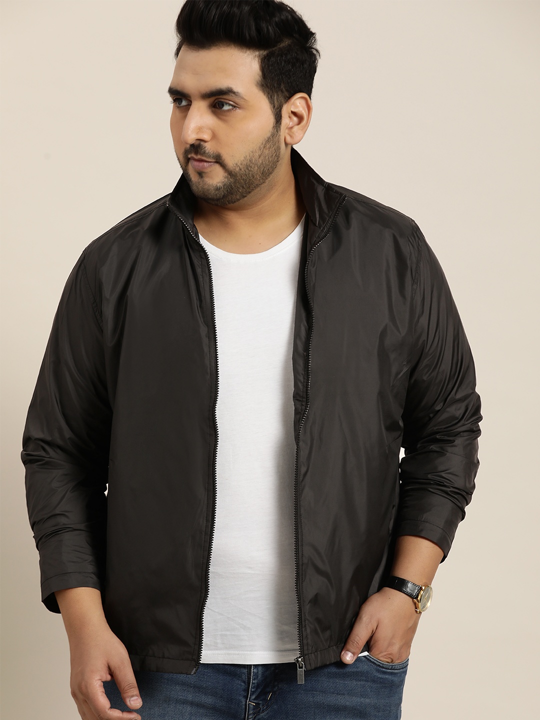 

Sztori Men Plus Size Black Solid Windcheater Tailored Jacket