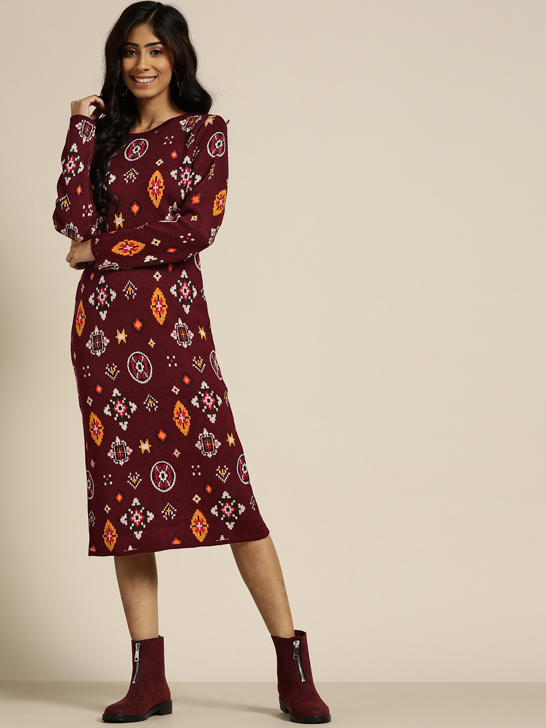 

Sangria Maroon & Yellow Ethnic Motifs Ethnic A-Line Midi Dress