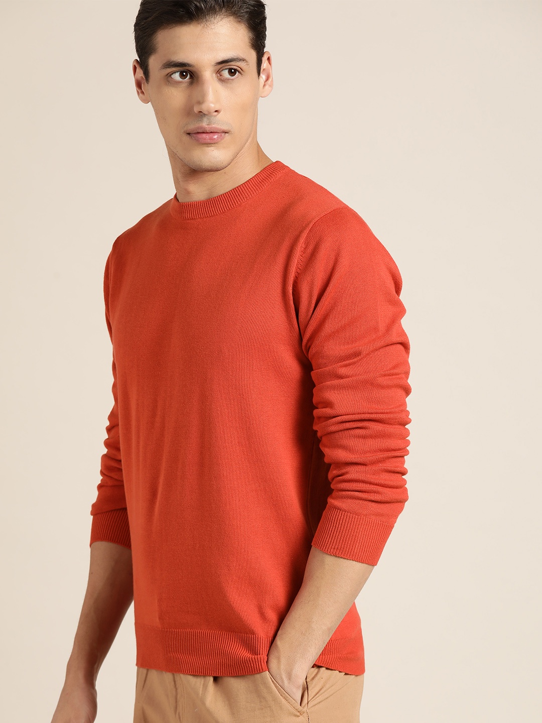 

ether Men Orange Pure Cotton Solid Pullover