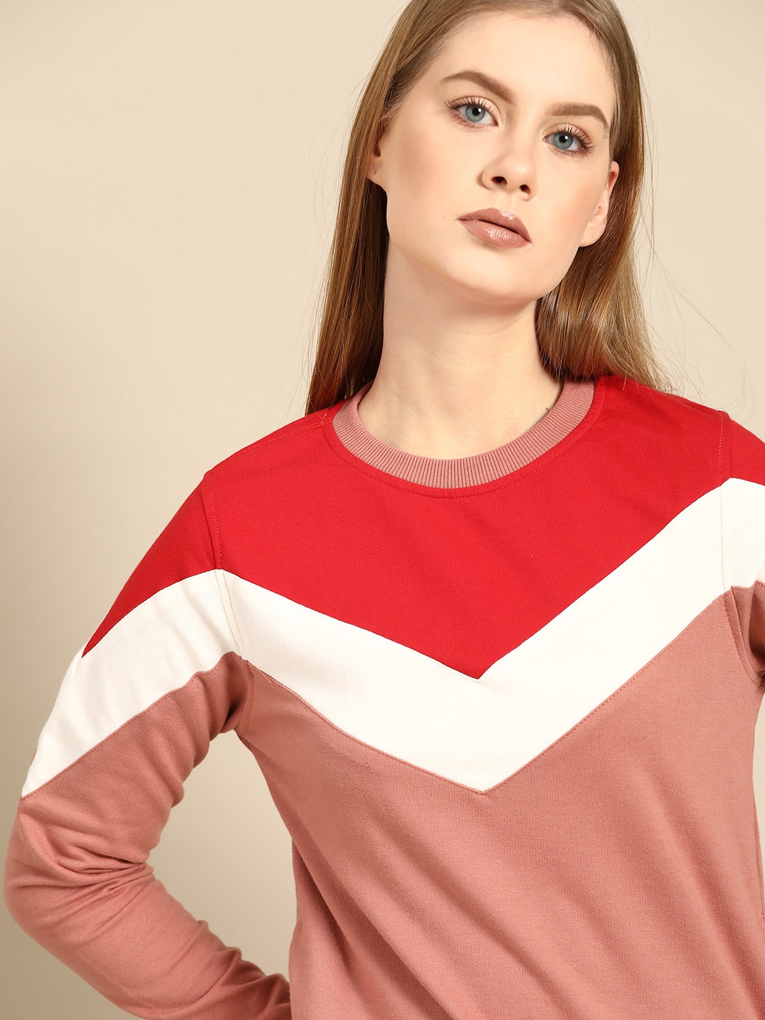 

ether Women Pink & Red Colourblocked Sweatshirt