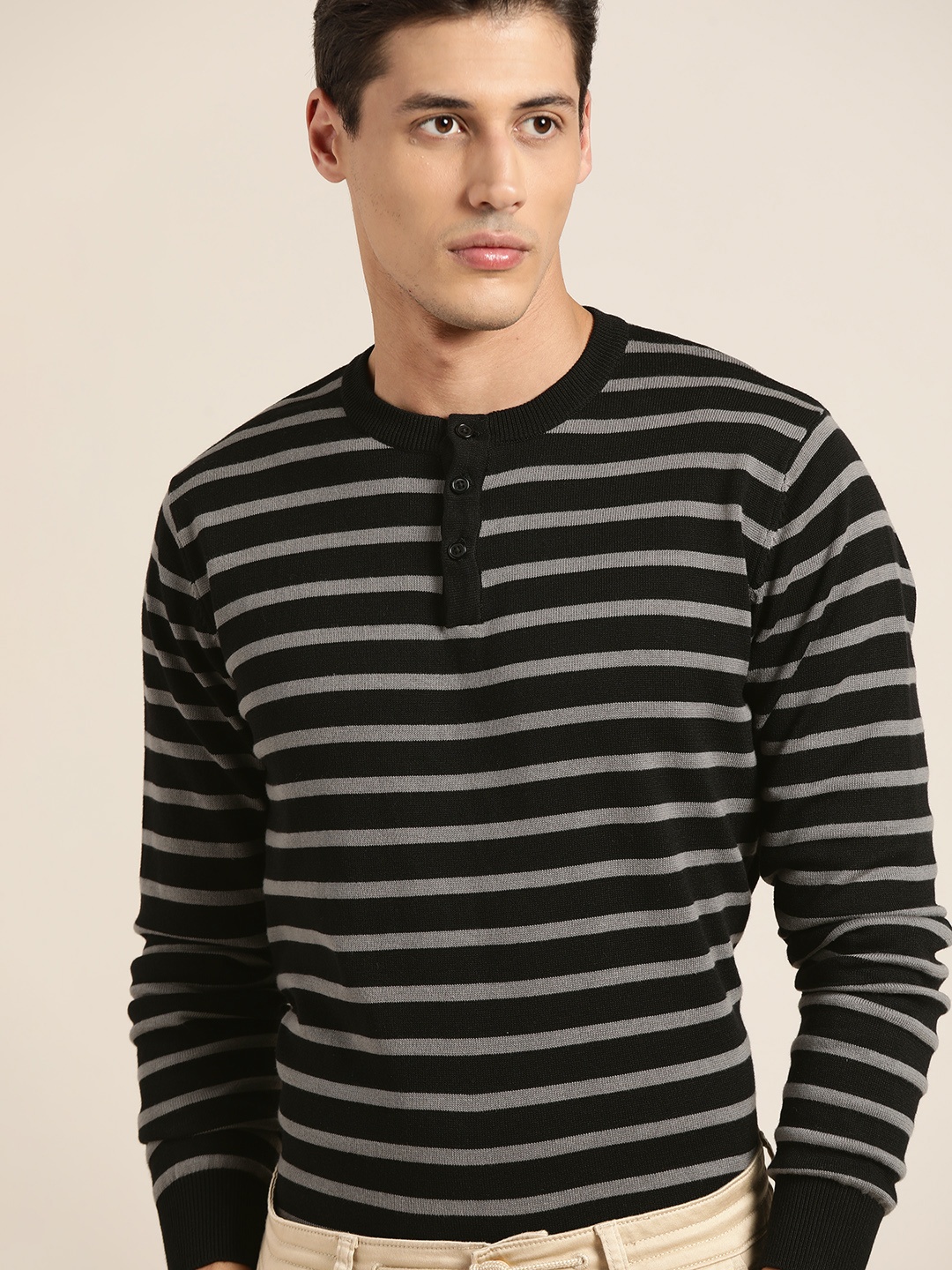 

ether Men Black & Grey Cotton Striped Pullover Sweater