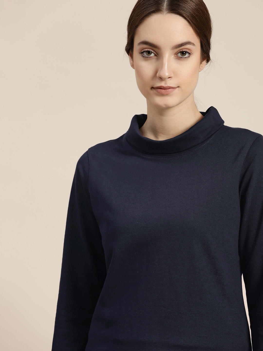 

ether Women Navy Blue Turtle Neck Solid Sweatshirt
