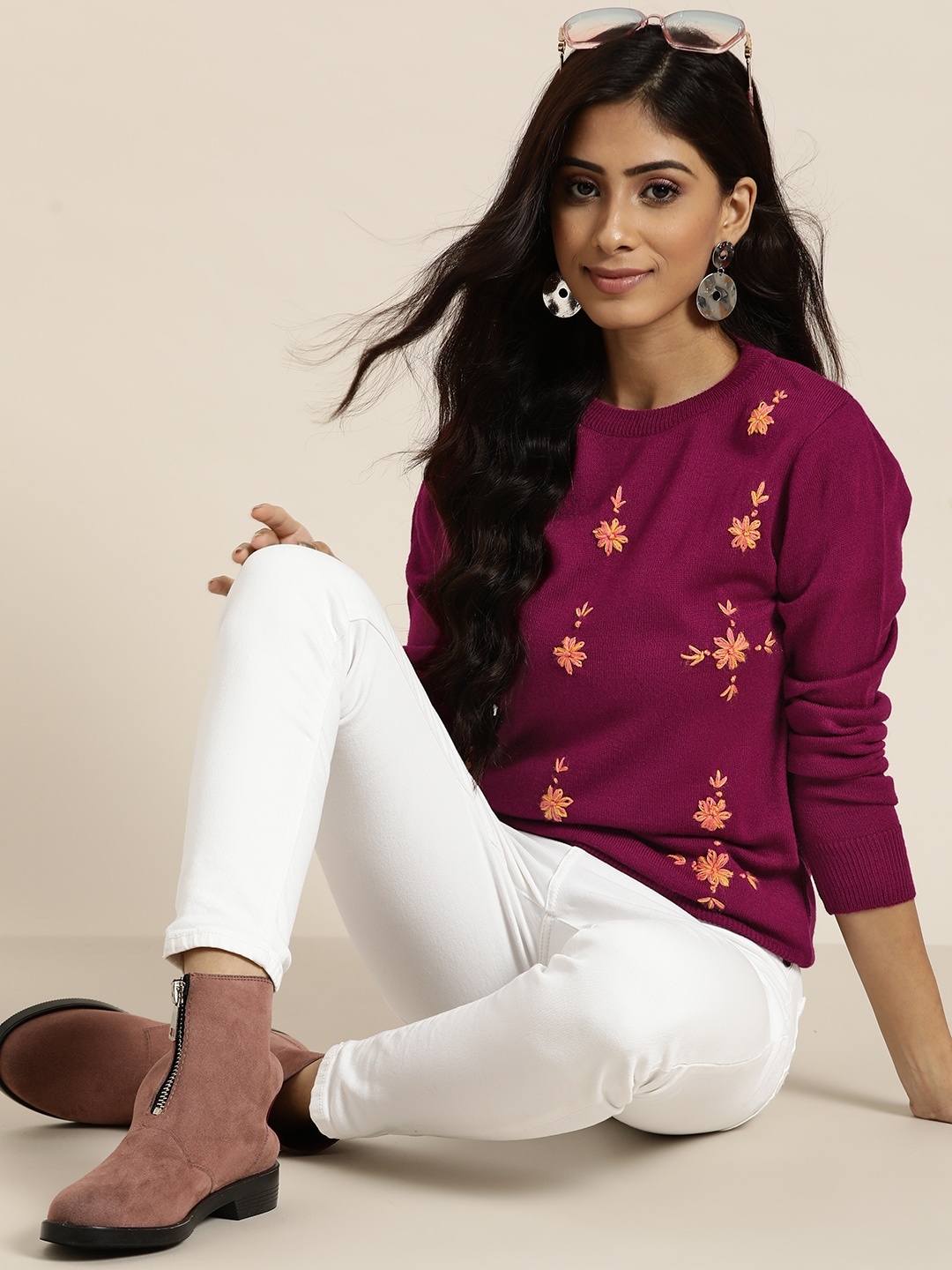 

Sangria Magenta & Peach-Coloured Embroidered Sweater Top