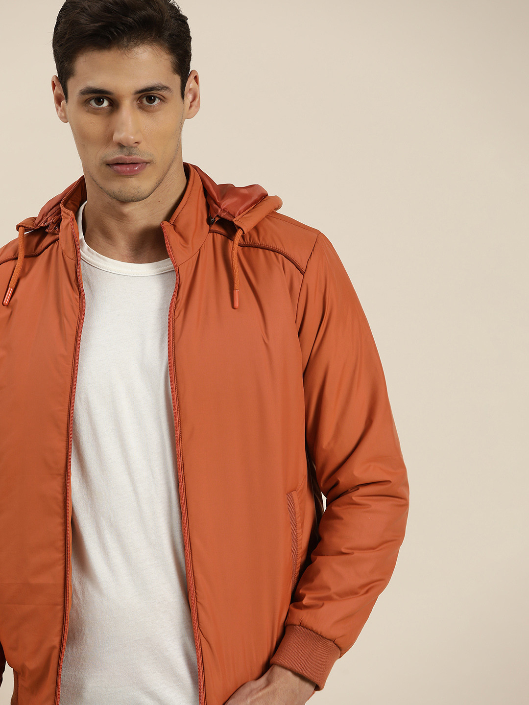 

ether Men Rust Orange Solid Bomber Detachable Hooded Jacket