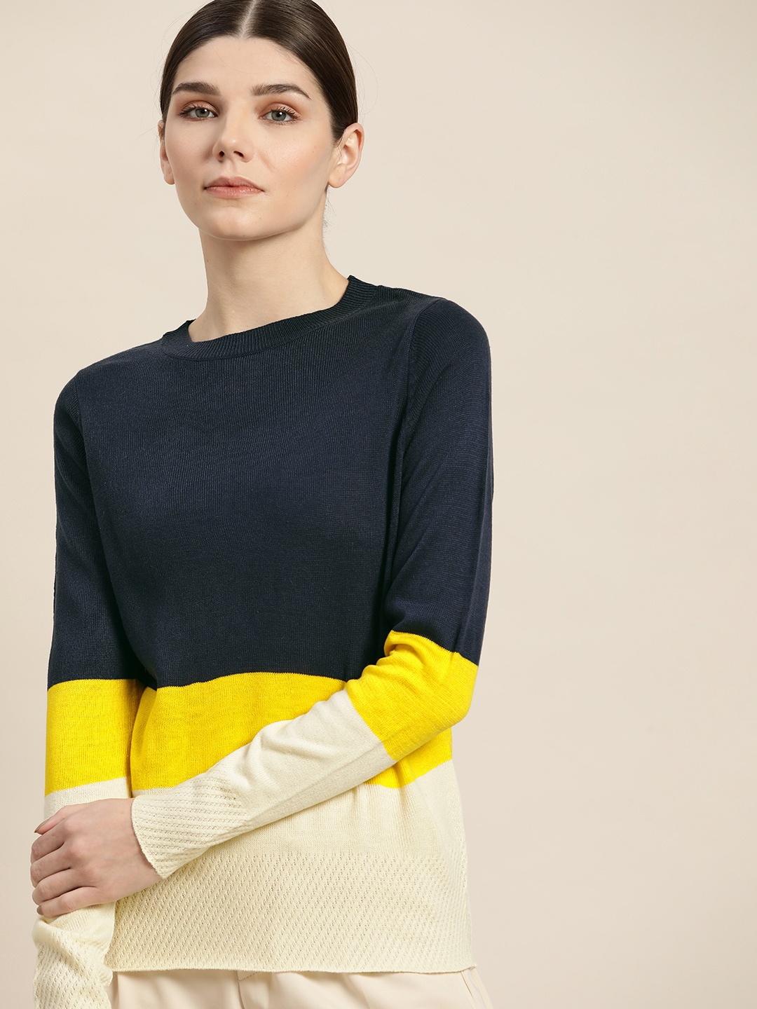 

ether Women Navy Blue & Yellow Colourblocked Pullover