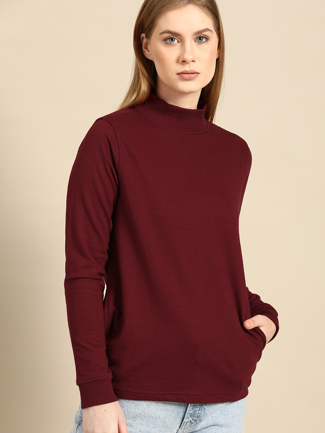 

ether Women Maroon Solid Sweatshirt