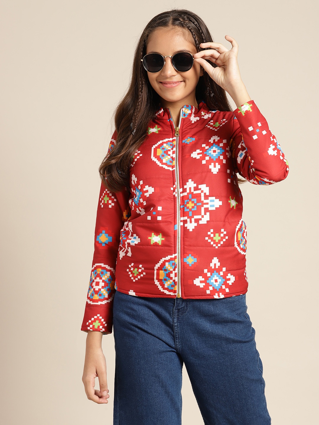 

Sangria Girls Red & White Geometric Print Tailored Jacket