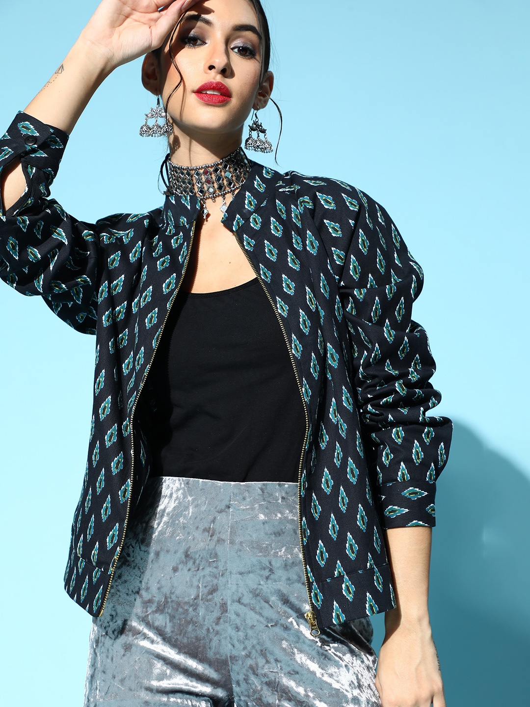 

Sangria Women Navy Blue Geometric Fusion Jacket