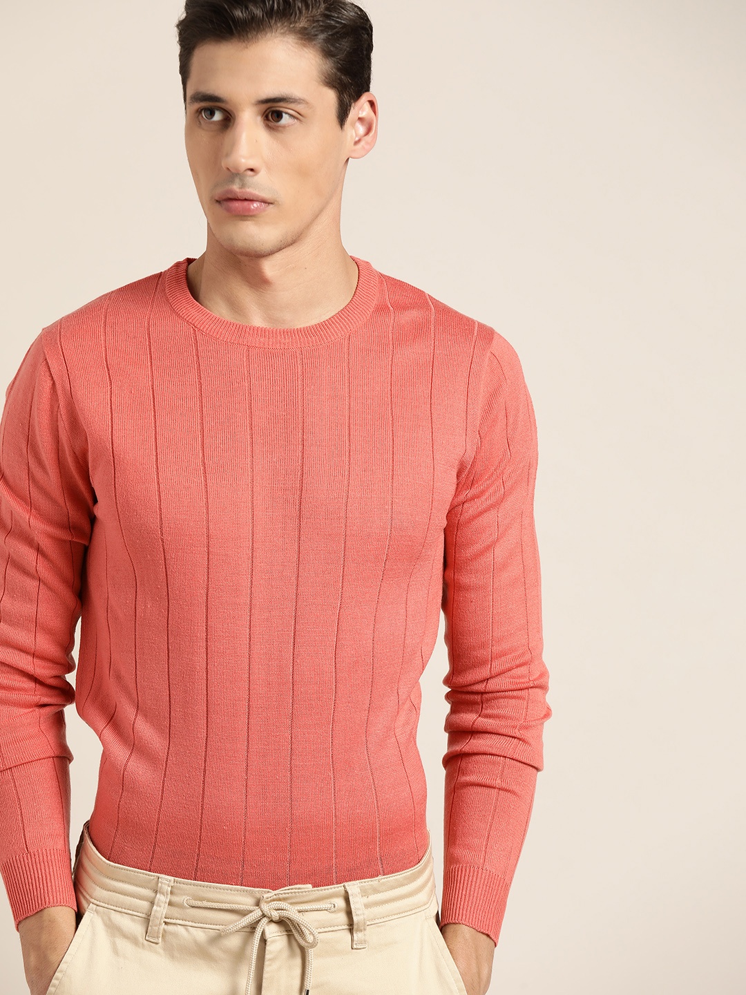 

ether Men Peach-Coloured Solid Pullover Sweater