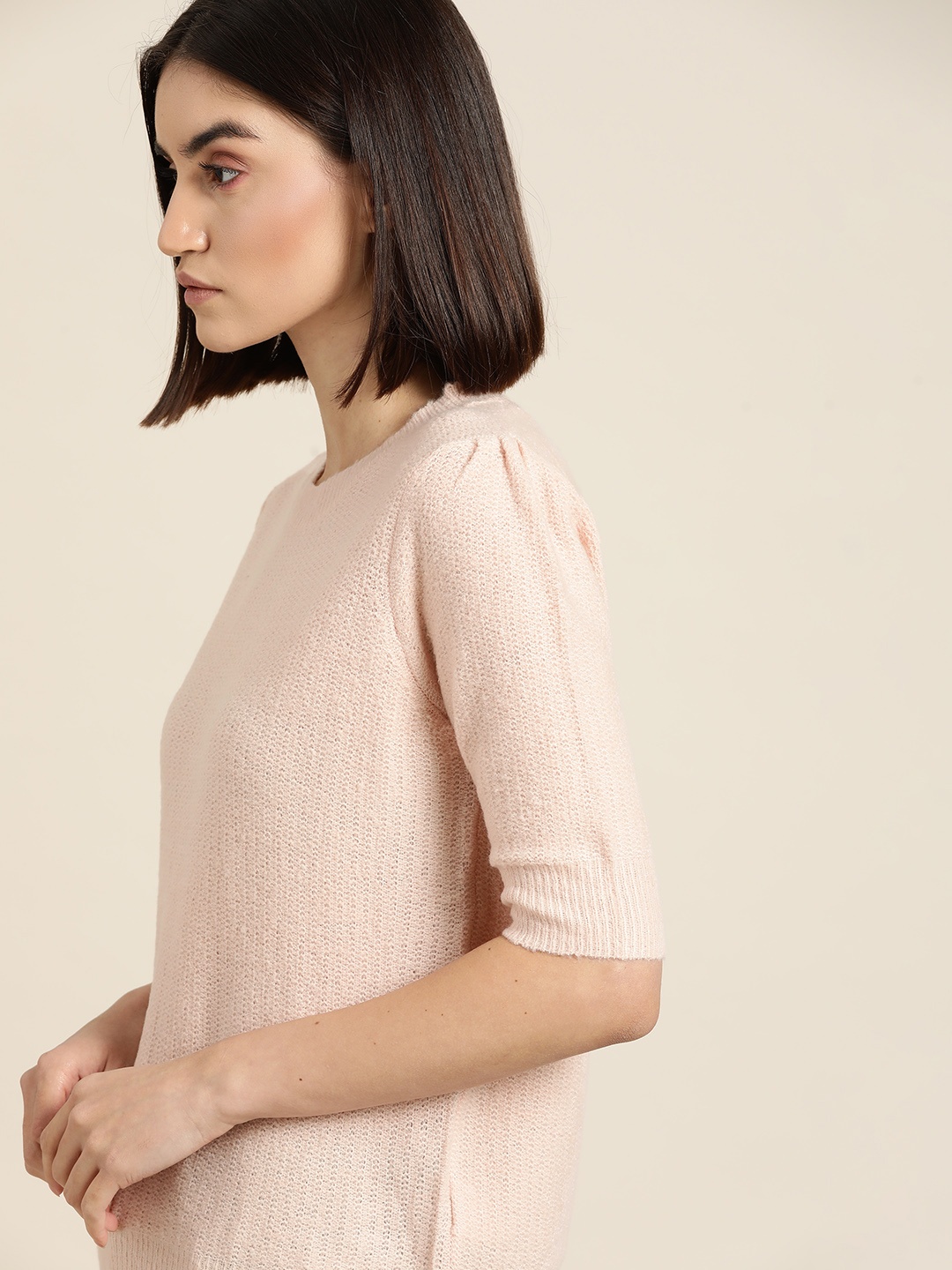 

ether Women Peach-Coloured Solid Short Sleeves Pullover