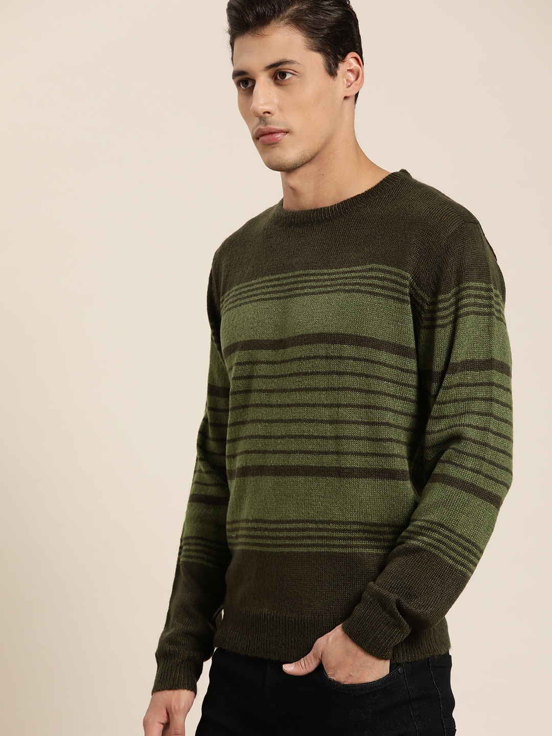 

ether Men Olive Green Striped Pullover