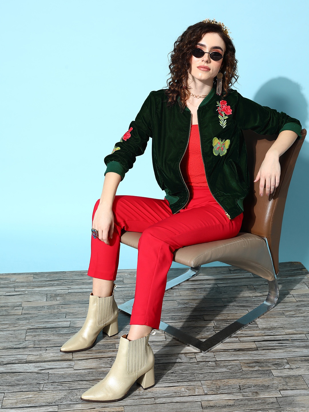 

Sangria Women Green Velvet Finish Bomber with Patchwork Jacket