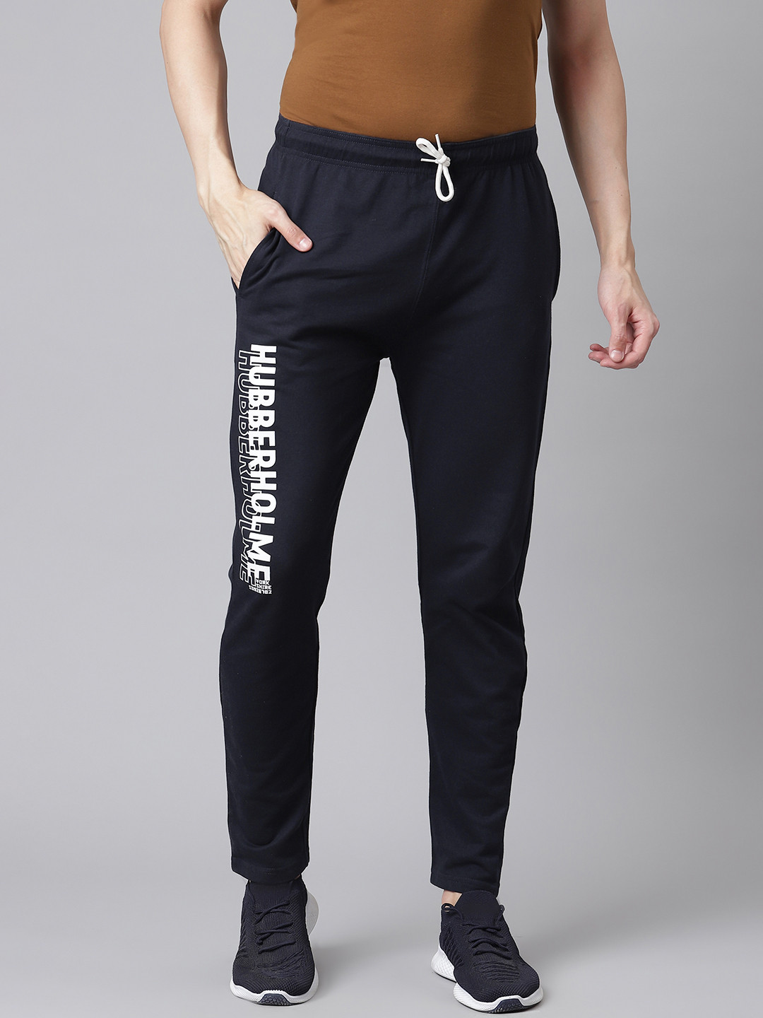 

Hubberholme Men Navy Blue Brand Logo Printed Slim Fit Knitted Track Pants