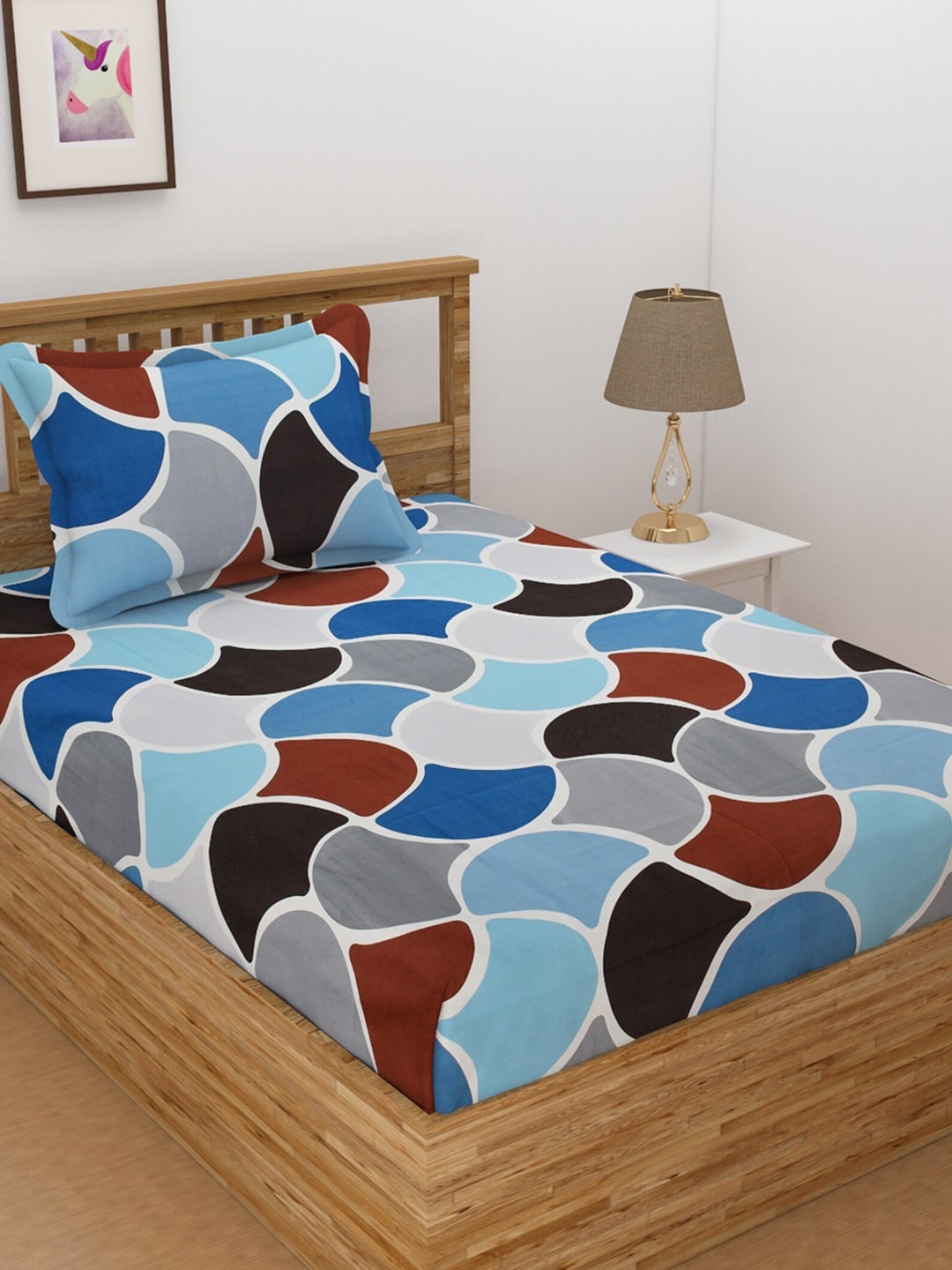 

Florida Blue & Grey Geometric 144 TC Single Bedsheet with 1 Pillow Covers