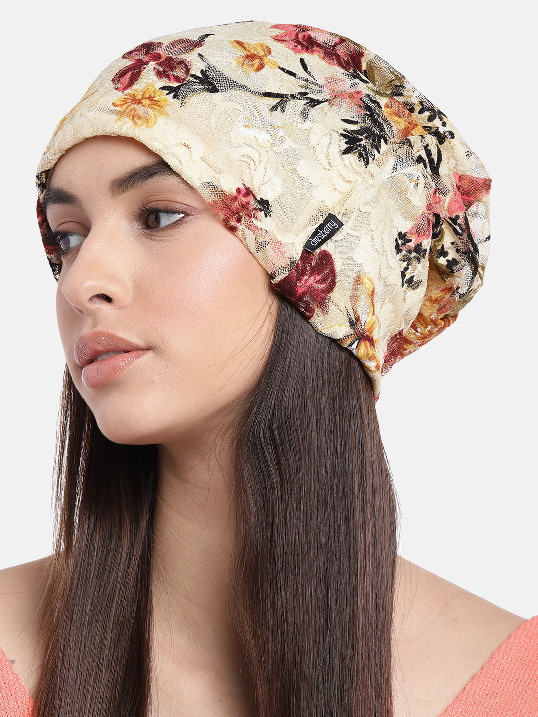 

DressBerry Women Cream-Coloured & Pink Floral Print Net Beanie
