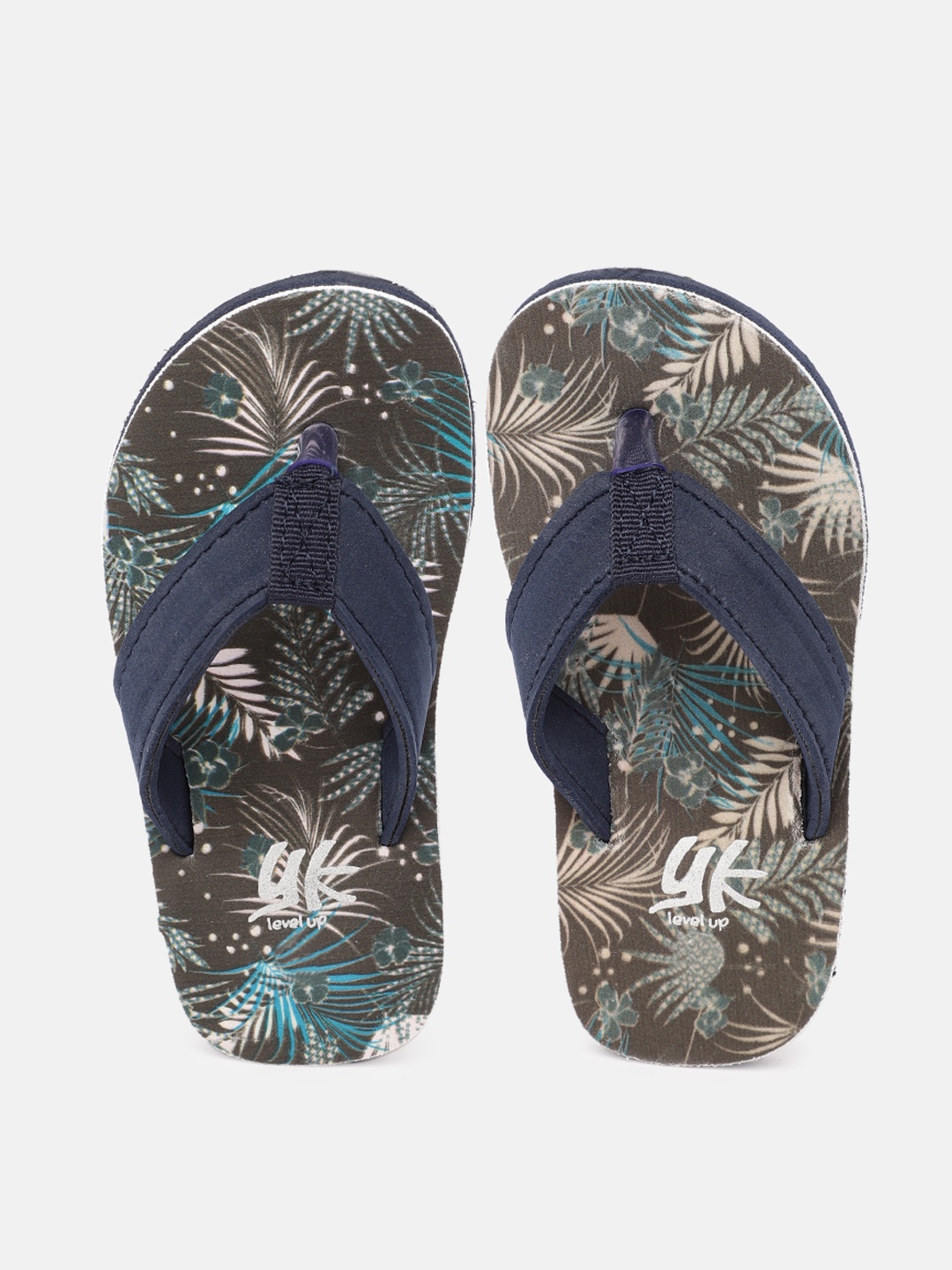 YK Boys Navy Blue & Charcoal Grey Tropical Print Thong Flip-Flops