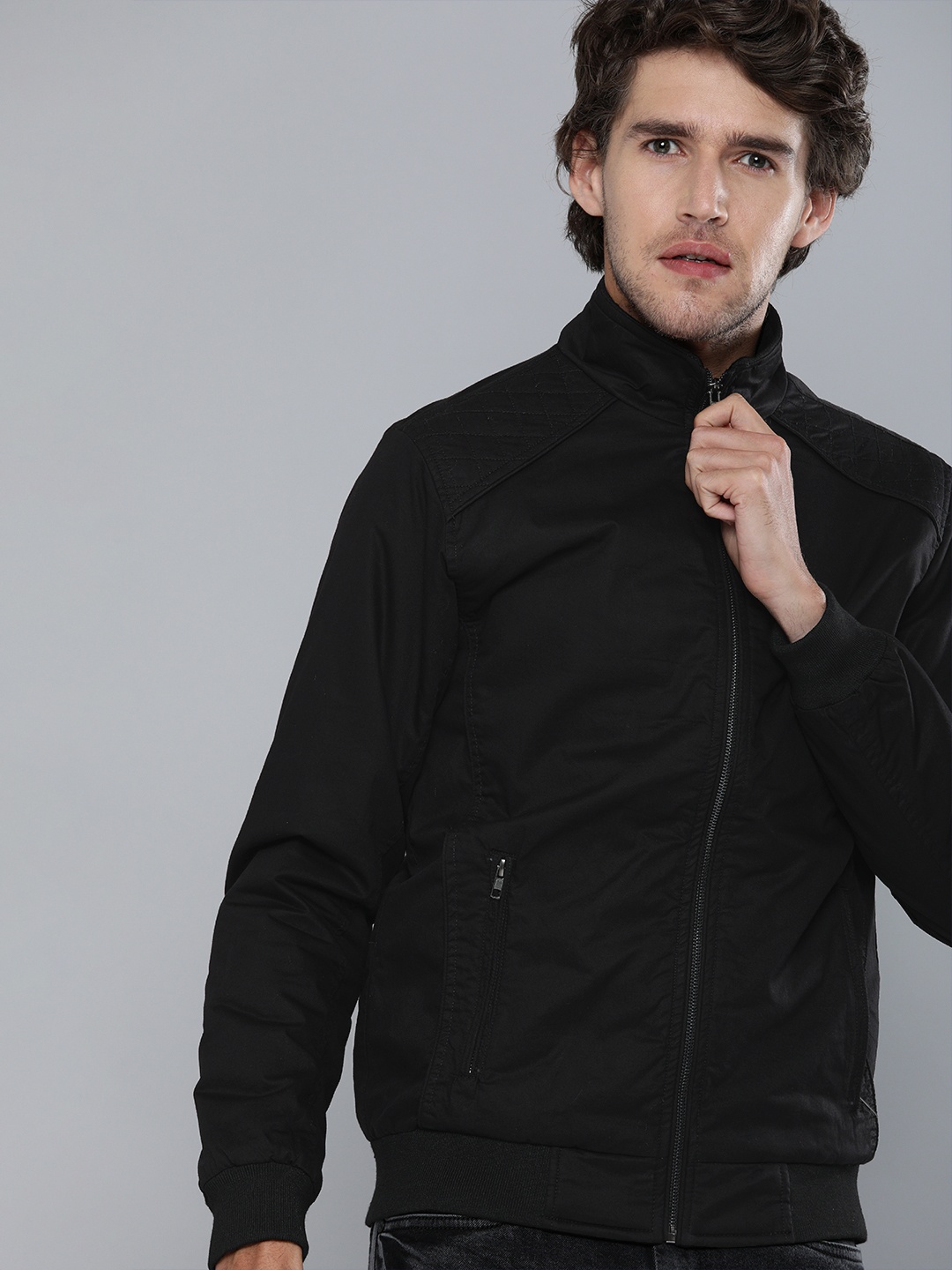 

HERE&NOW Men Black Pure Cotton Bomber Jacket