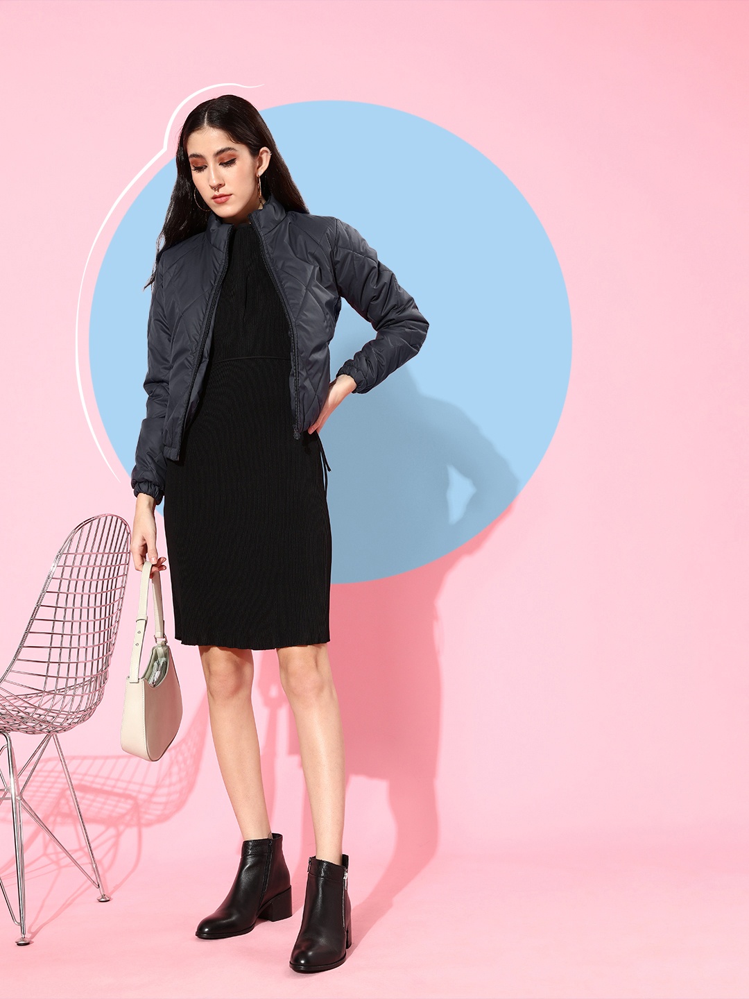 

HERE&NOW Women Navy Blue Solid Quilted Jacket