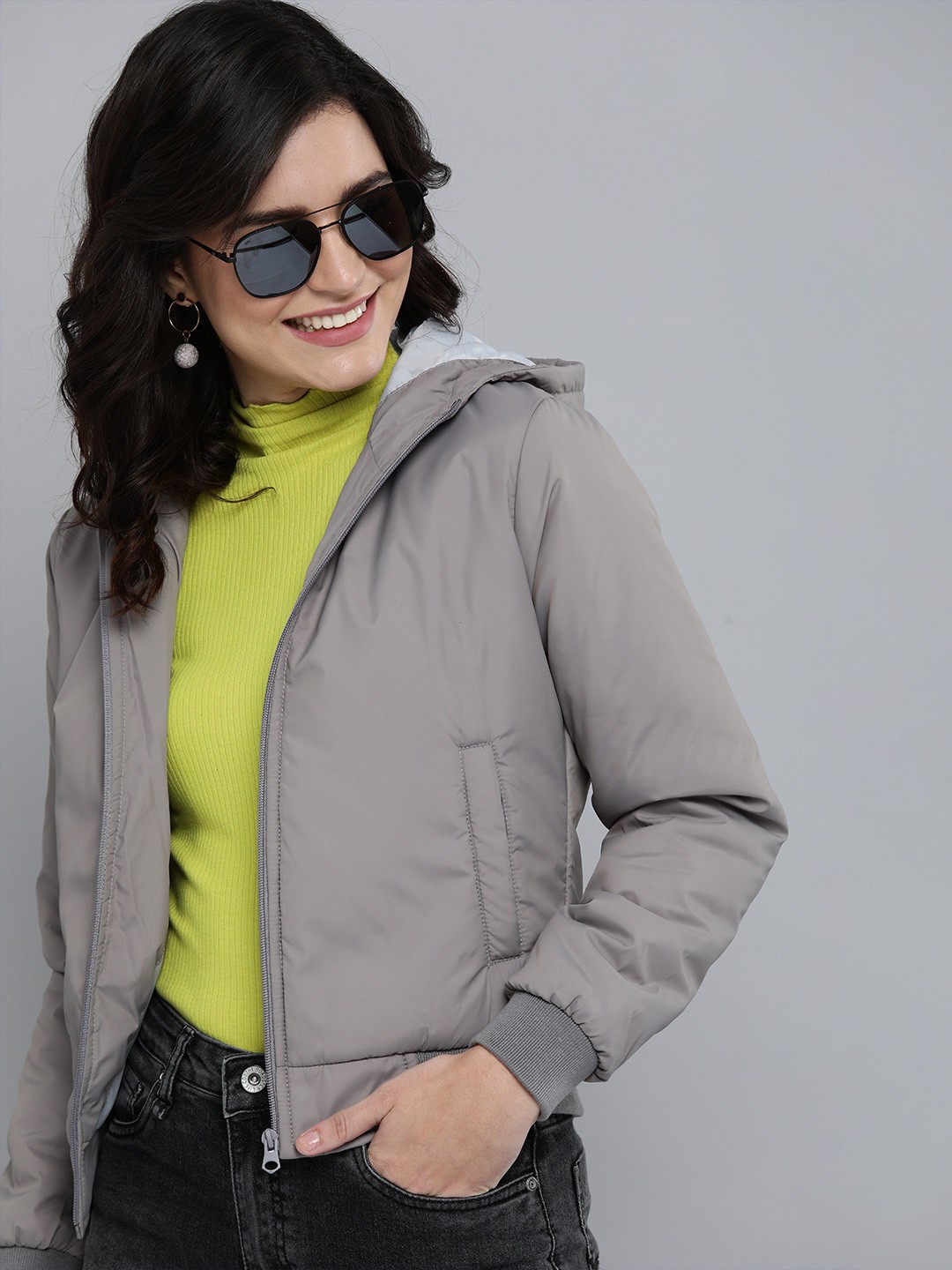 

HERE&NOW Women Grey Solid Bomber Jacket
