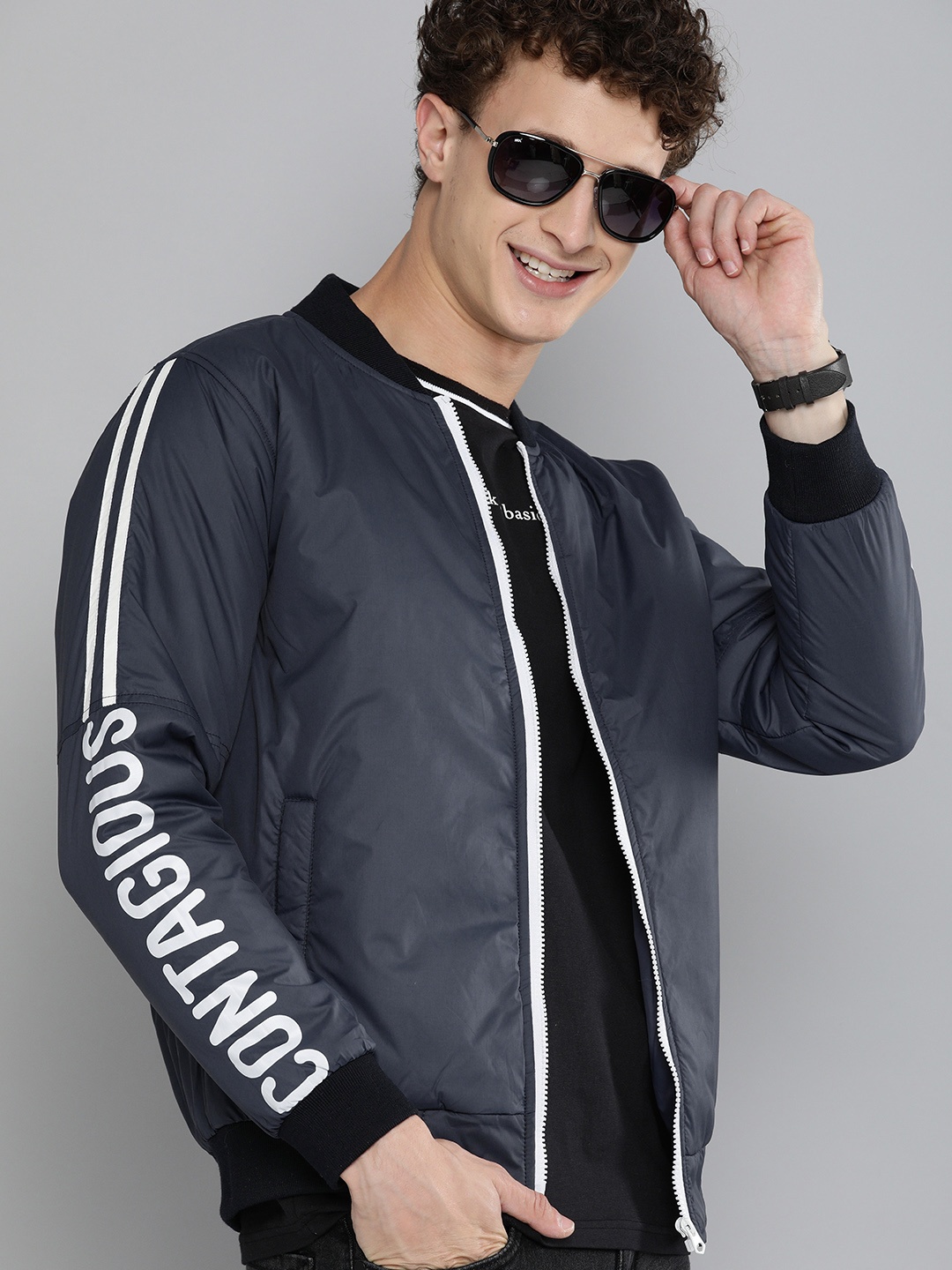 

HERE&NOW Men Navy Blue & White Printed Bomber Jacket