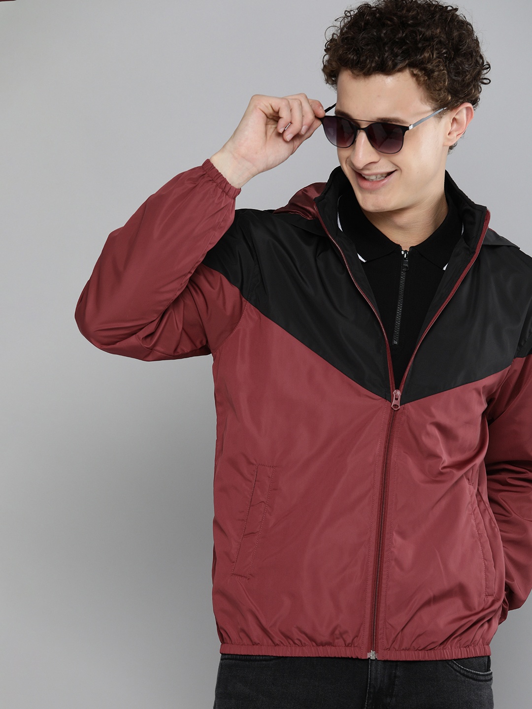 

HERE&NOW Men Maroon & Black Colourblocked Sporty Jacket