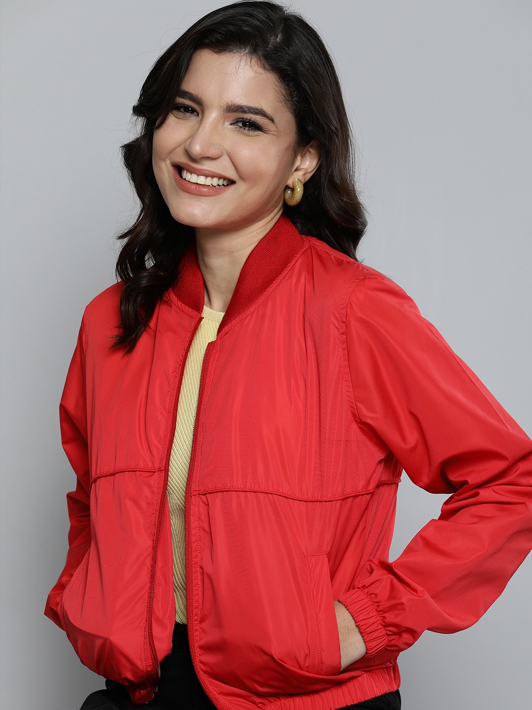 

HERE&NOW Women Coral Red Solid Bomber Jacket