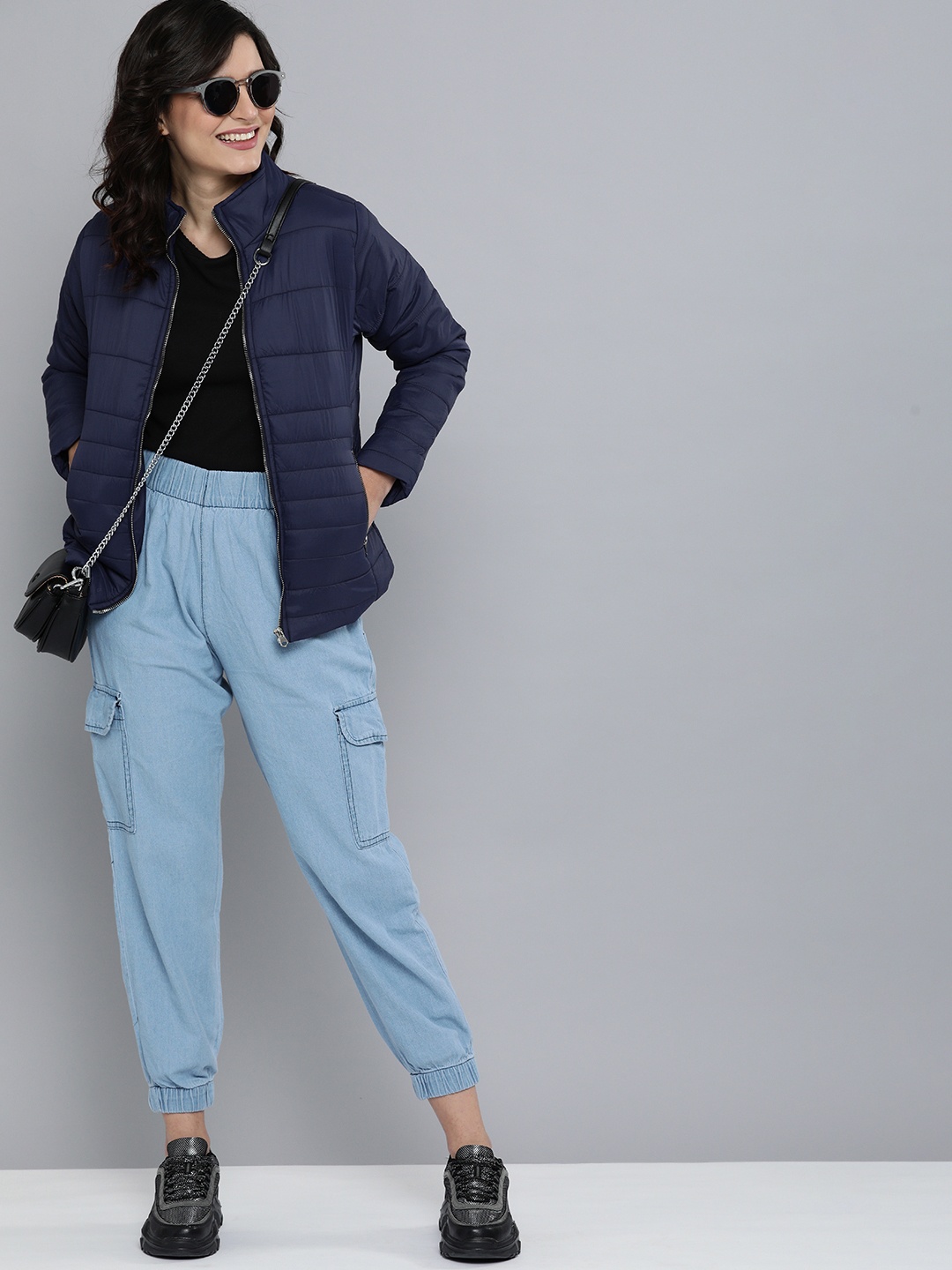 

HERE&NOW Women Navy Blue Solid Padded Jacket