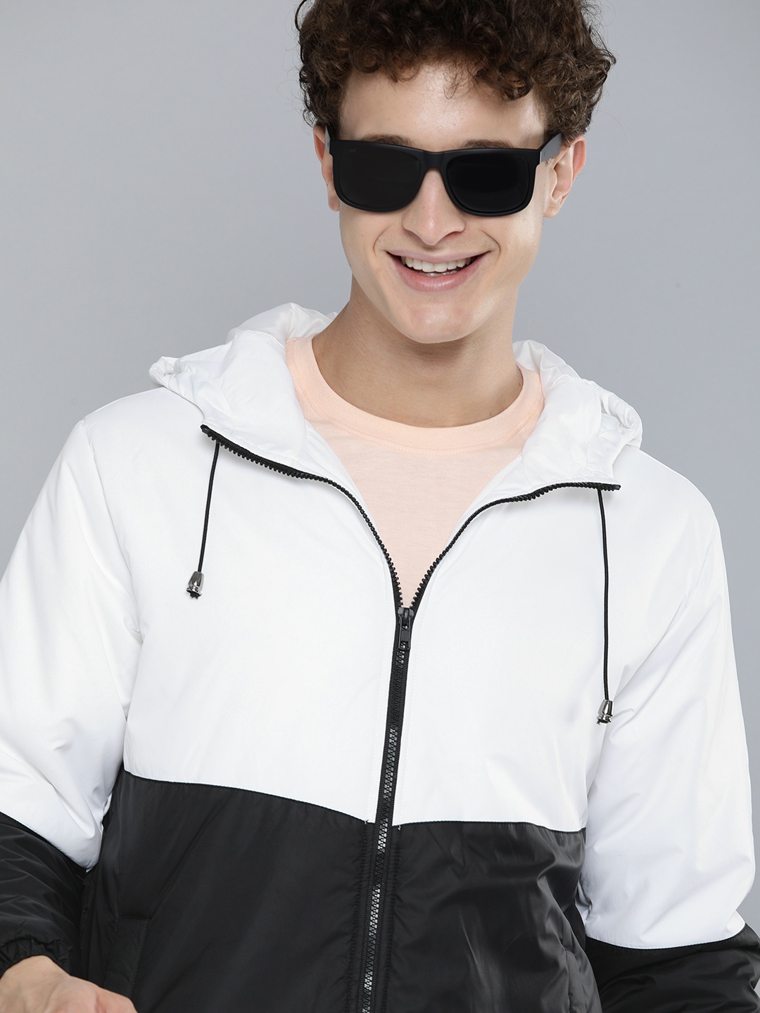 

HERE&NOW Men White & Black Colourblocked Sporty Jacket