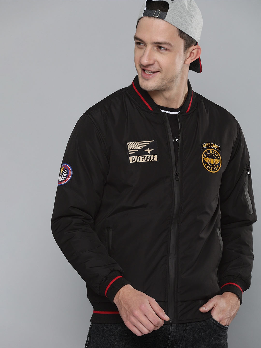 

HERE&NOW Men Black Printed Windcheater Bomber Jacket