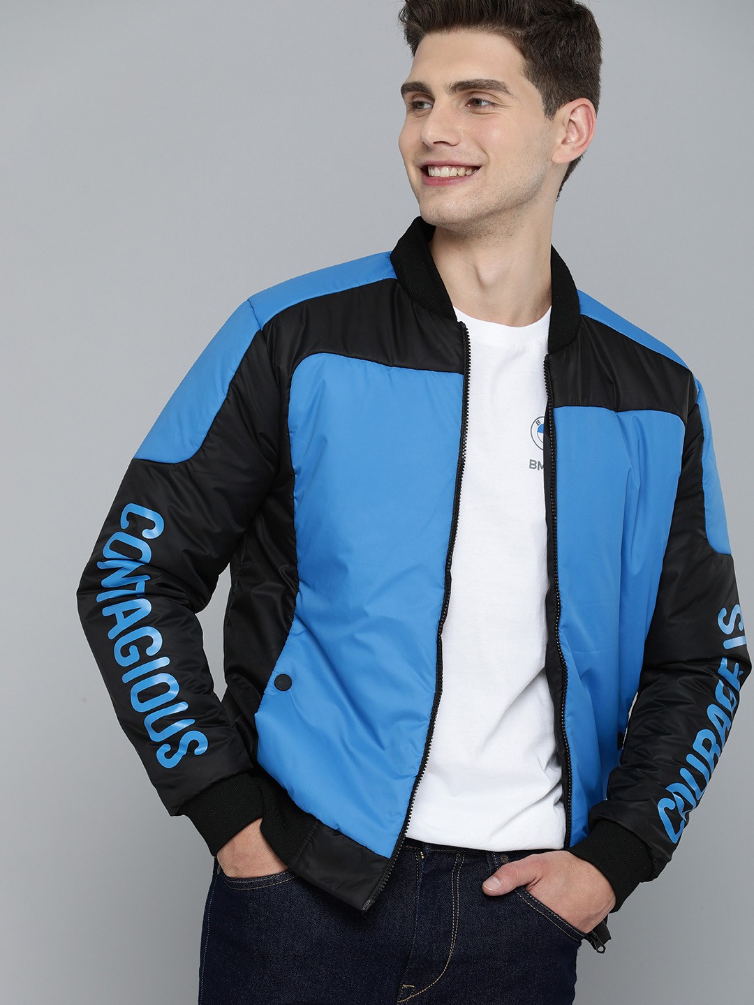 

HERE&NOW Men Blue & Black Colourblocked Padded Jacket